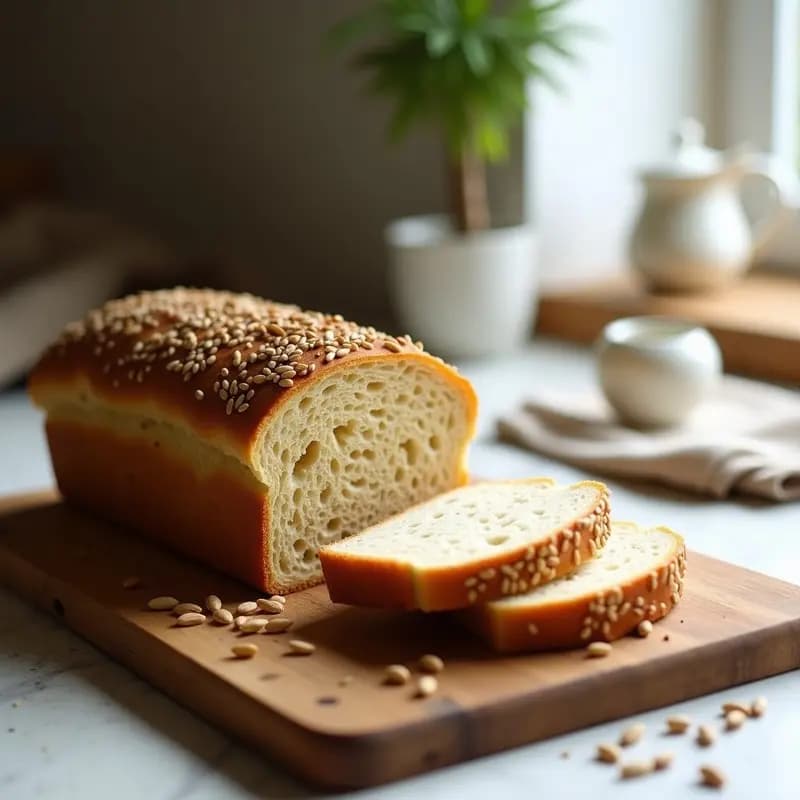 Pan de espelta recién horneado con semillas de cáñamo y miel de Manuka, cortado en rebanadas gruesas sobre una tabla de madera rústica. Textura esponjosa y dorada, ideal para llevar en tupper.