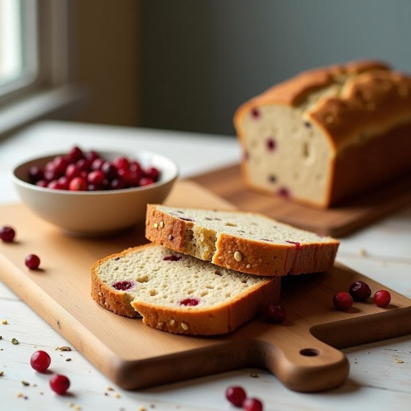Pan de espelta dorado con semillas de cáñamo y pasas de arándanos visibles en la corteza, cortado en rebanadas gruesas sobre una tabla de madera rústica, receta alemana para tupper.
