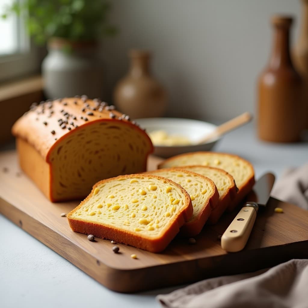 Pan sin horno de harina de garbanzo y semillas vegano, dorado y esponjoso, con semillas de sésamo en la superficie, cortado en rebanadas sobre una tabla de madera rústica. Receta alta en fibra y proteína, ideal para desayunos saludables.