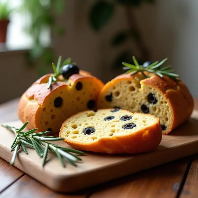 Pan rústico de harina de garbanzo con aceitunas negras y romero fresco, dorado y crujiente por fuera, cortado en rebanadas gruesas sobre una tabla de madera. Receta italiana sin gluten para acompañar.