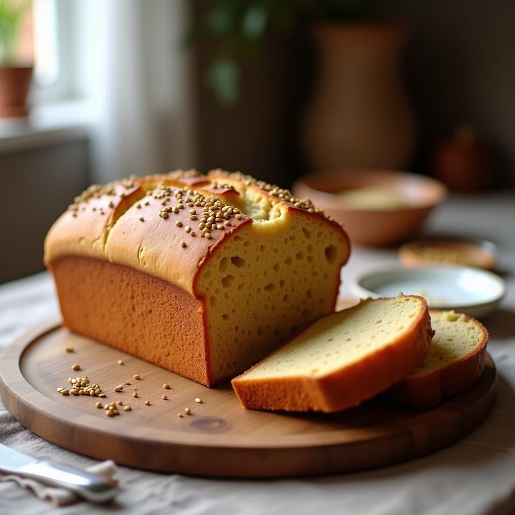 Pan de harina de teff y semillas de lino sin gluten para tupper, rebanado y tostado, con textura esponjosa y semillas doradas en la superficie, sobre una tabla de madera rústica.