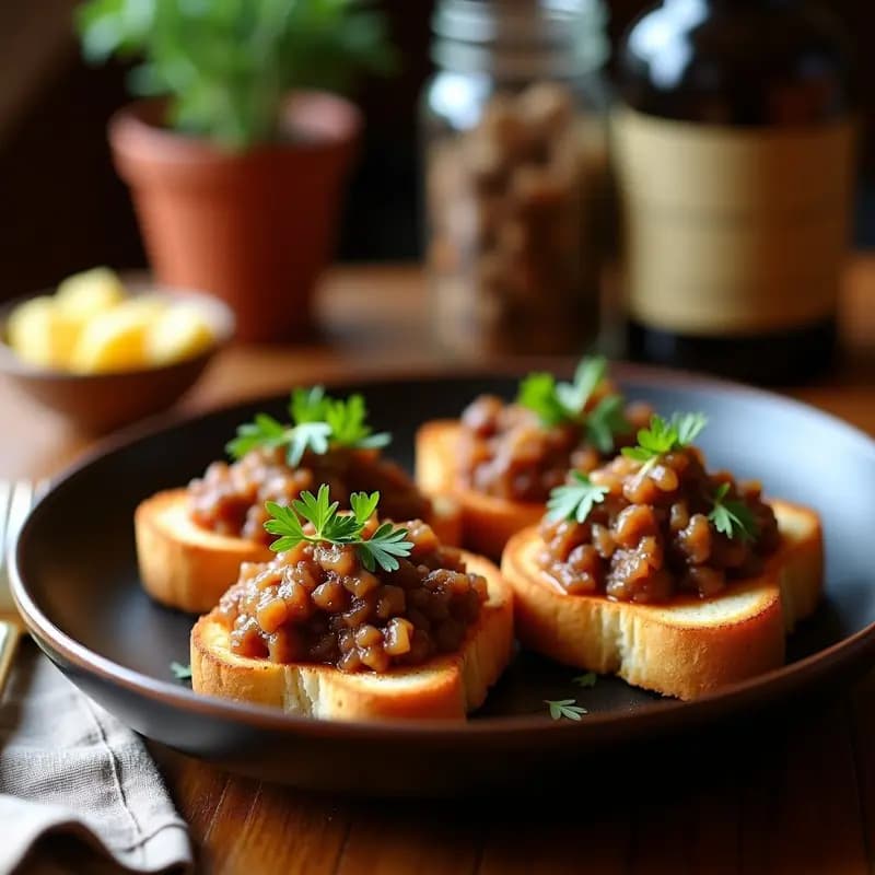 Tosta tradicional asturiana de pan crujiente con hígado de cerdo salteado, cebolla caramelizada y pimentón, servida en plato rústico de madera.