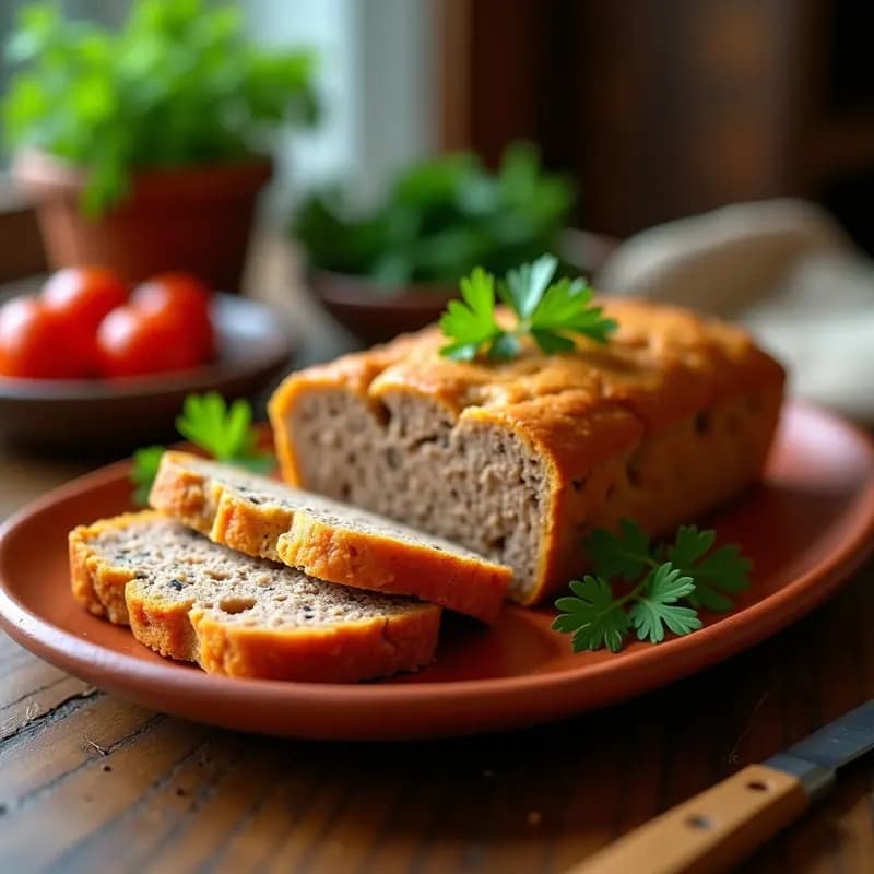 Pan de hígado tradicional español cortado en porciones cuadradas, con un color dorado y textura esponjosa, servido en un plato de barro con hierbas frescas de decoración.