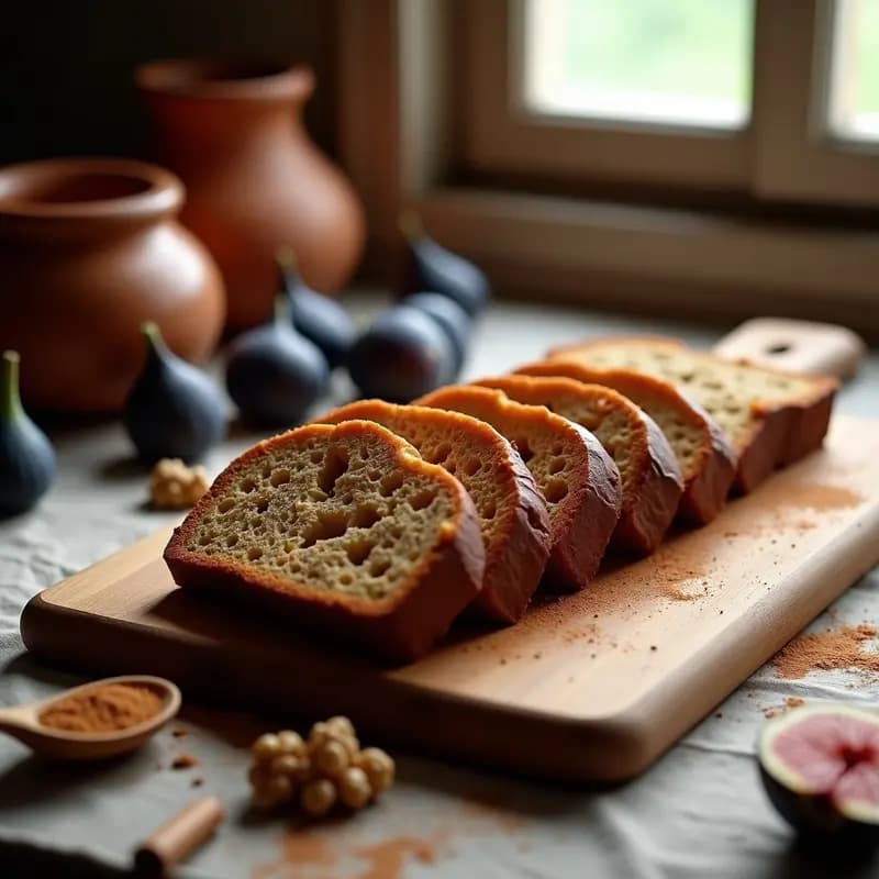Pan de higos con nueces y canela cortado en porciones cuadradas, mostrando su textura húmeda y esponjosa con trozos de nueces y higos visibles, sobre un plato de madera rústico.