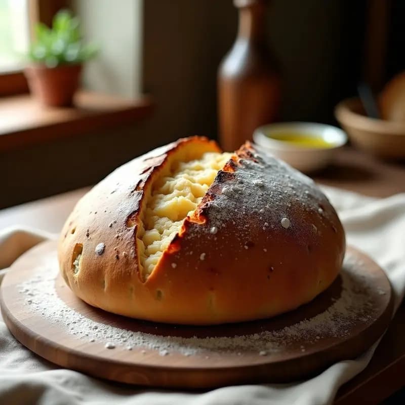 Boule de Pain au Levain recién horneado con corteza dorada y crujiente, interior alveolar y humo sutil, sobre tabla de madera rústica con harina espolvoreada.