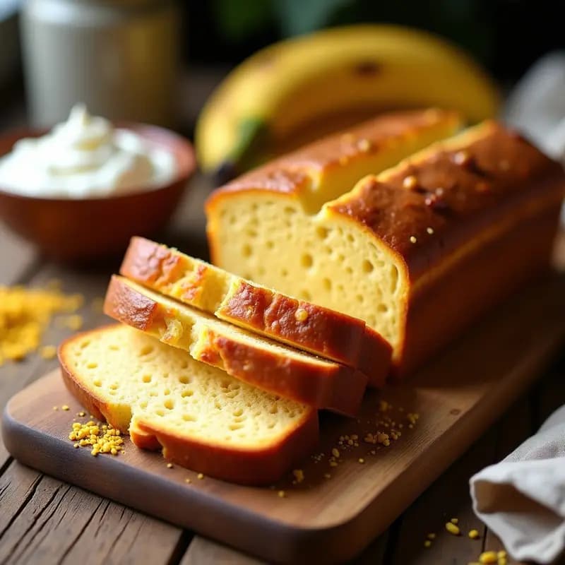 Pan de maíz fermentado con harina de plátano en molde rectangular, dorado y esponjoso, cortado en rebanadas para tupper. Receta colombiana sin gluten.