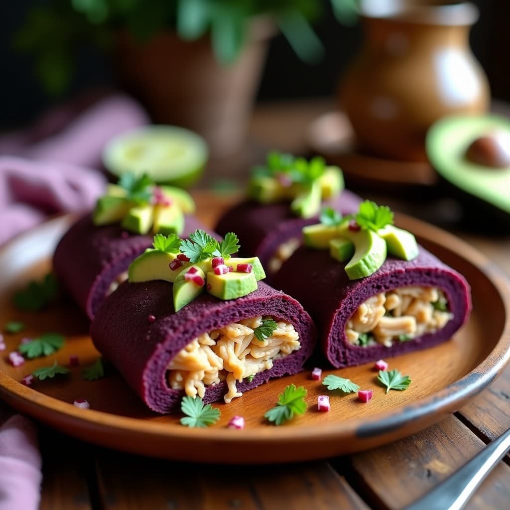 Pan de maíz morado relleno de pollo ahumado y aguacate, servido en un plato de barro con hojas de lechuga morada asomando. El pan tiene un color violeta intenso con vetas doradas por la cocción, y el relleno cremoso de aguacate y pollo desmenuzado se ve jugoso. Acompañado de rodajas de limón y cilantro fresco.