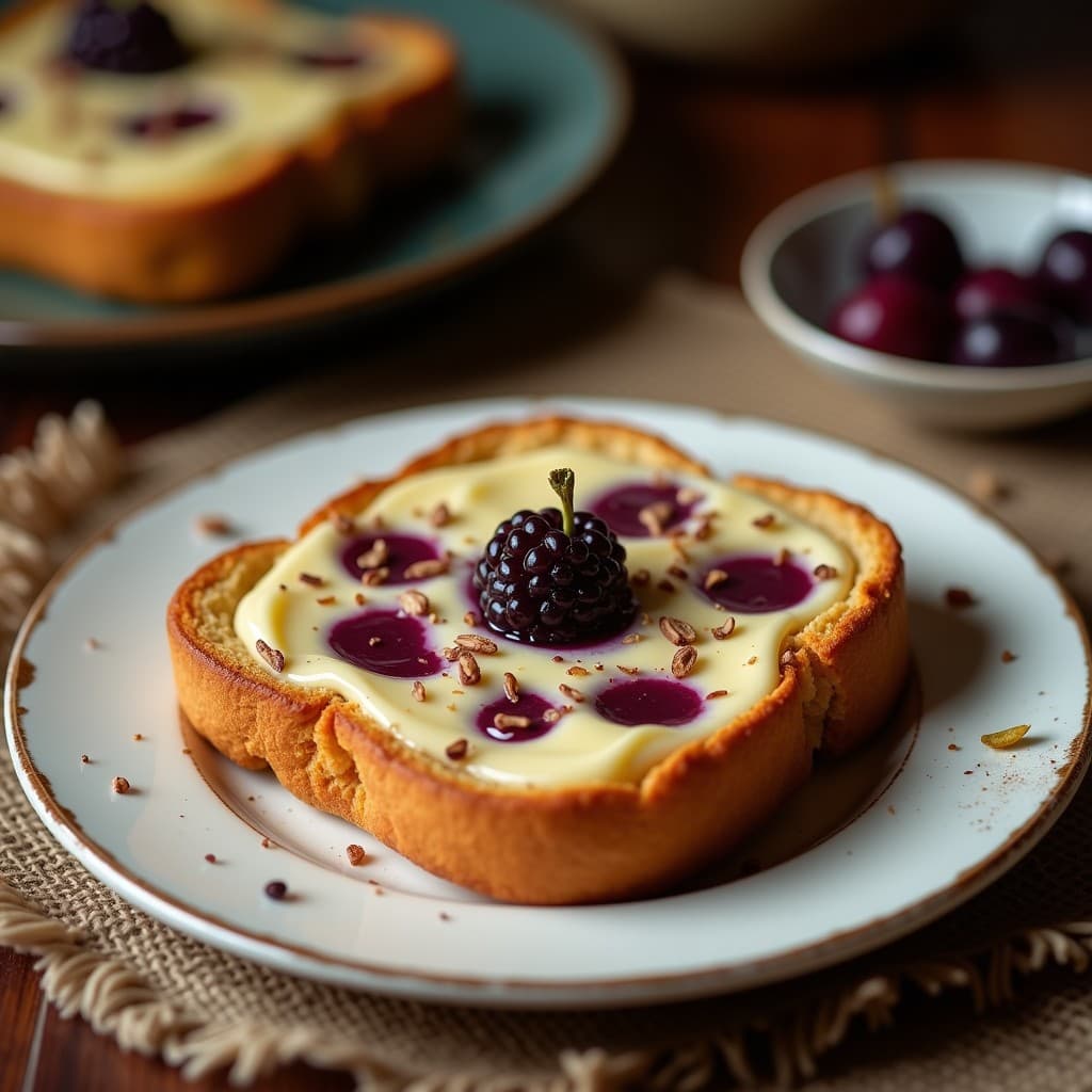 Pan de maíz morado recién horneado con vetas de queso de anacardos cremoso, corte en rebanadas mostrando su interior esponjoso y color violeta intenso, sobre tabla de madera rústica con semillas de chía espolvoreadas.