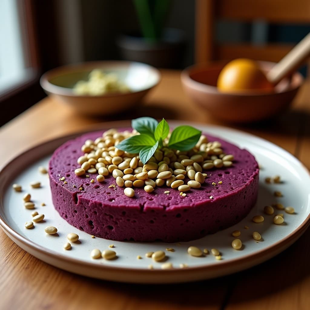 Pan de maíz morado con semillas de sacha inchi rebanado sobre tabla de madera rústica, mostrando su interior esponjoso de color violeta oscuro y semillas doradas tostadas en la superficie. Acompañado de aguacate y hojas de menta fresca.