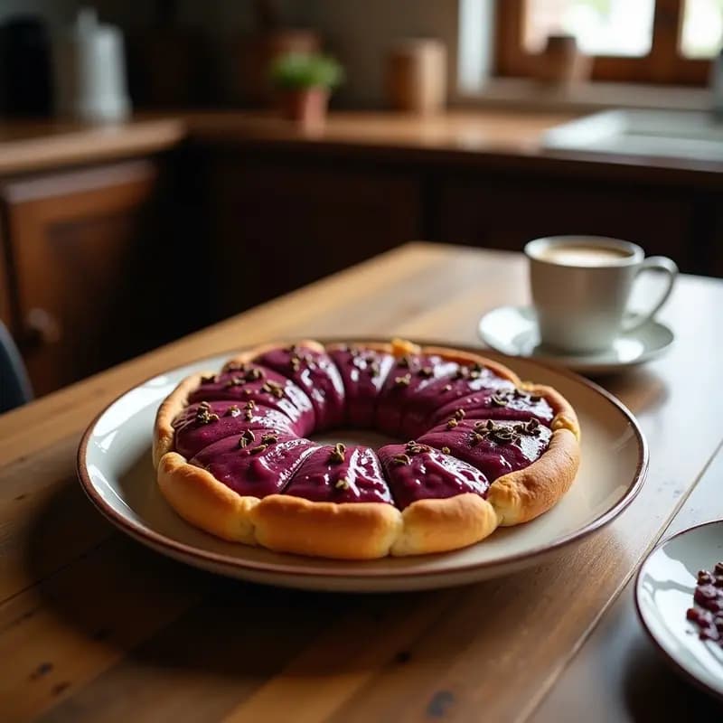 Pan de maíz morado con semillas de amapola sin harina, rebanado y mostrado en una tabla de madera rústica con semillas visibles en la superficie. Color morado intenso y textura esponjosa.