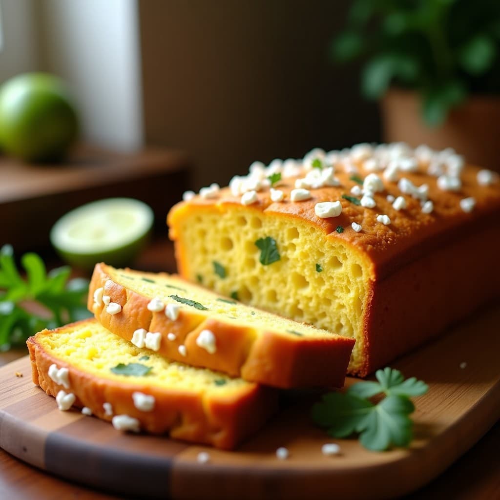 Pan de maíz dorado y esponjoso con trozos de queso cotija desmenuzado, horneado en airfryer, servido en tabla de madera con cilantro fresco.
