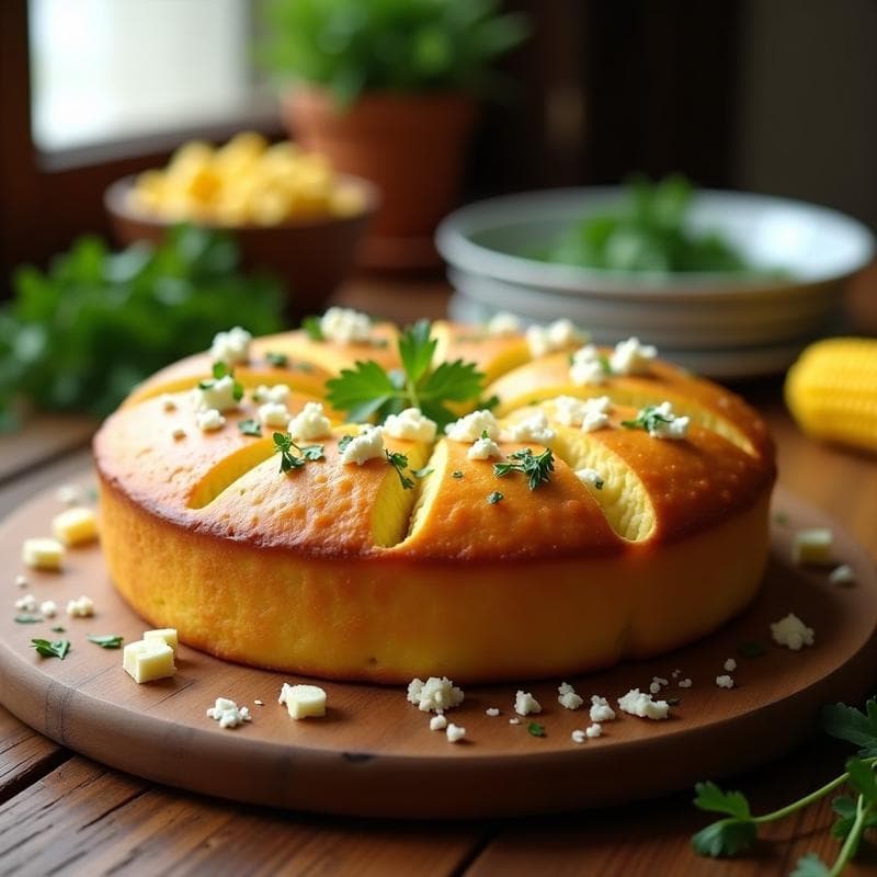 Pan de maíz y queso feta sin harina recién horneado en molde redondo, dorado por fuera con trocitos de queso feta derretido y perejil fresco. Receta griega en Thermomix, textura esponjosa y jugosa.