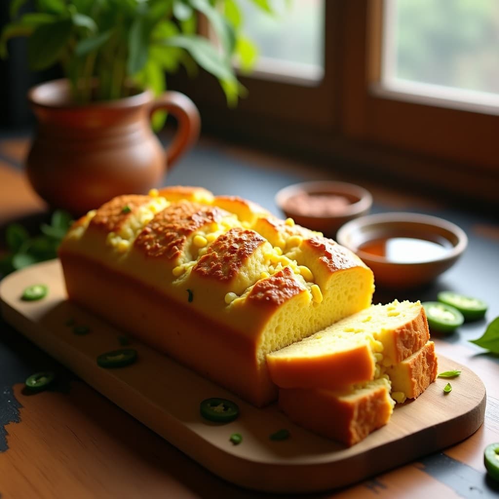 Pan de maíz dorado en molde rectangular, con trozos de queso derretido y jalapeños ahumados visibles, servido en tabla de madera con rodajas de jalapeño fresco al lado. Receta de desayuno mexicano en Thermomix.