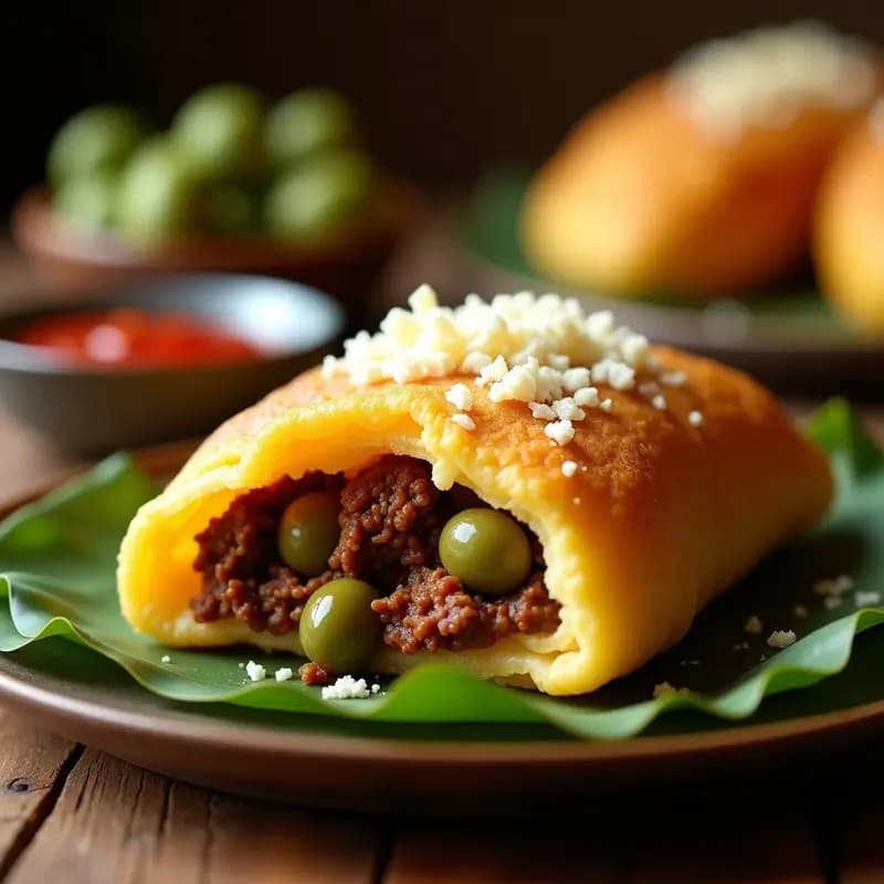 Pan de Maíz Relleno de Carne de Res y Aceitunas salvadoreño en Airfryer, dorado y crujiente por fuera, con un relleno jugoso visible al cortarlo, servido en un plato rústico con hojas de culantro.