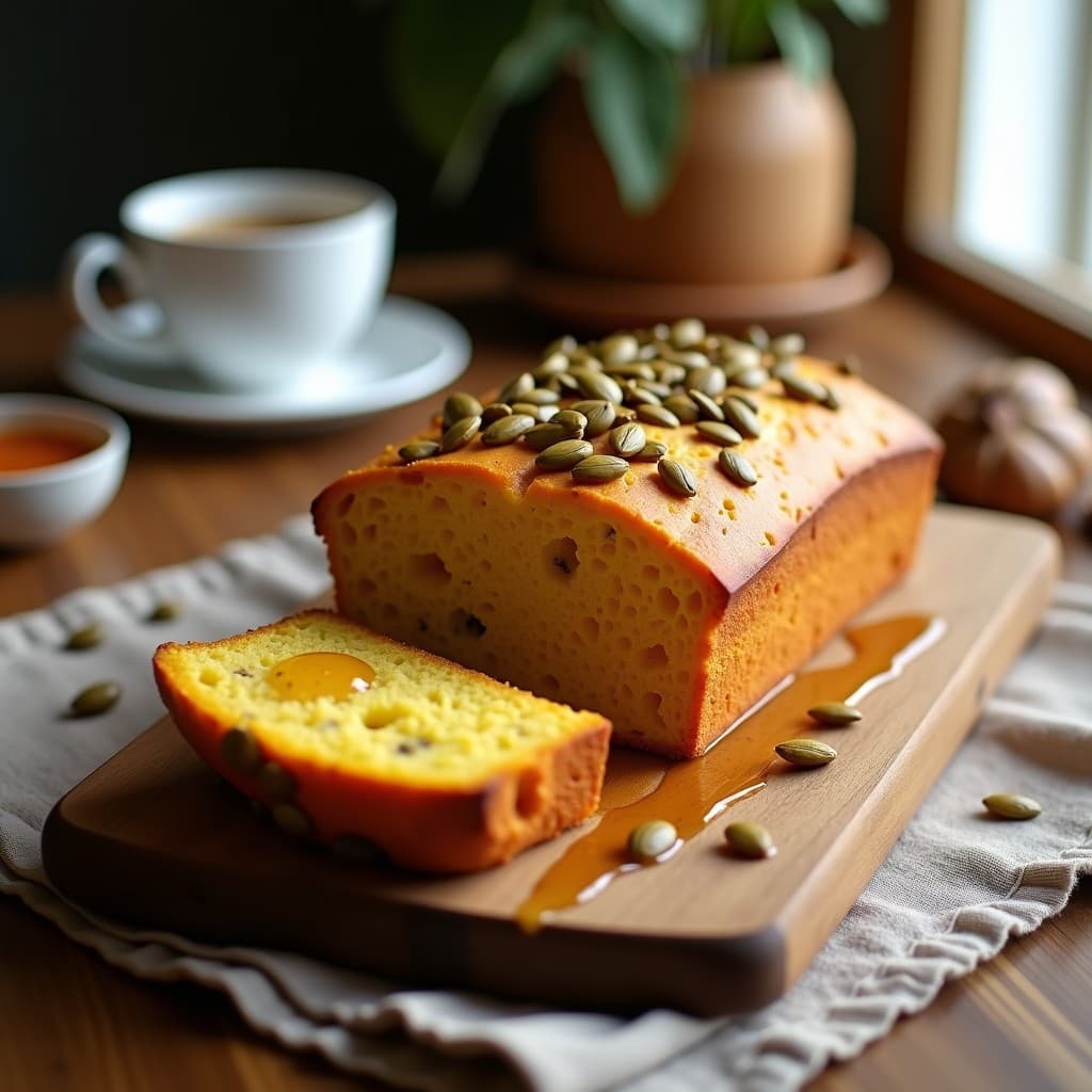 Pan dorado de maíz con semillas de calabaza tostadas en la superficie, cortado en rebanadas gruesas sobre una tabla de madera rústica. Se aprecia su textura esponjosa y el brillo de la miel de agave. Ideal para desayuno sin gluten y energético.
