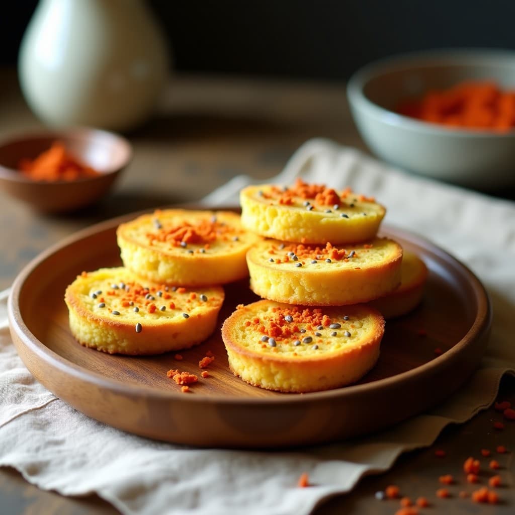 Pan de maíz dorado con semillas de chía y espolvoreado de pimentón, servido en un plato de madera rústico con fondo de tela de lino. Receta colombiana sin gluten para tupper.