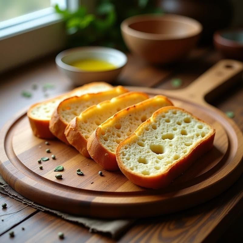 Pan de molde keto sin horno con harina de garbanzo y semillas de amapola, cortado en rebanadas doradas sobre una tabla de madera rústica, con semillas visibles en la superficie.