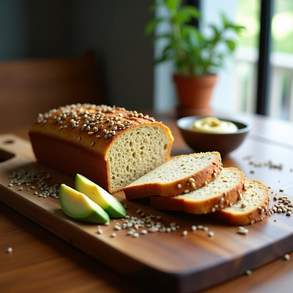 Pan de molde de lino y chía sin gluten corte en rebanadas, con superficie dorada y semillas visibles, servido en tabla de madera con aguacate y hummus al lado, ideal para tupper.