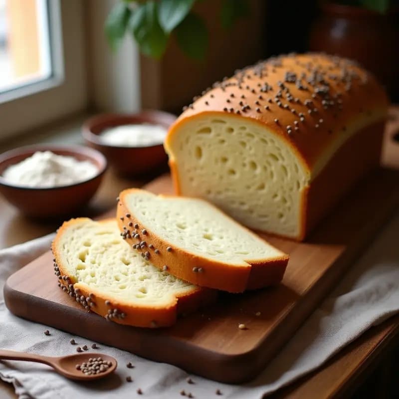 Pan de molde sin gluten con semillas de chía recién horneado, en rodajas, sobre una tabla de madera rústica. Se aprecian las semillas de chía y lino en la corteza dorada. Fondo de cocina acogedora con ingredientes al lado como harina de arroz y garbanzo.
