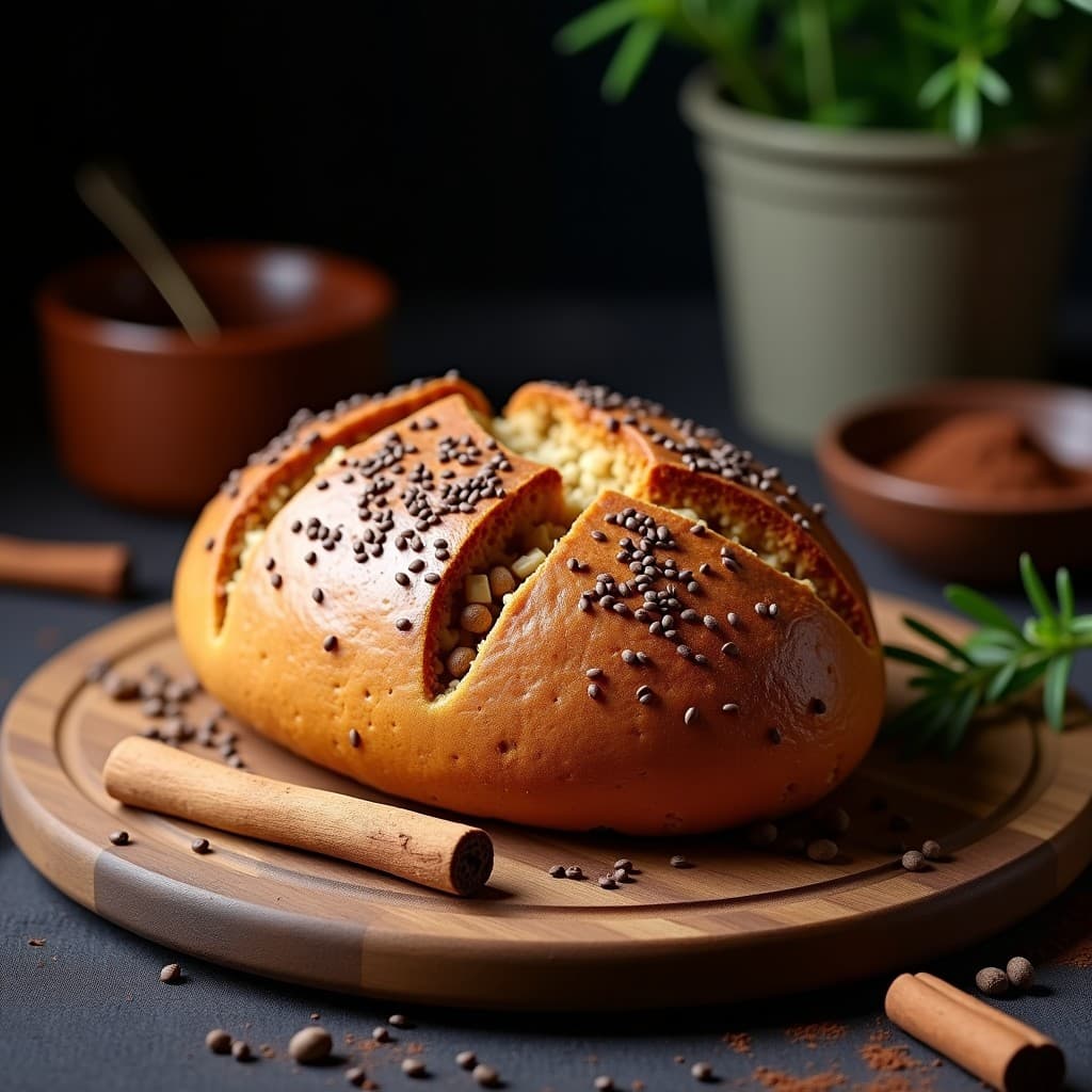 Pan de mole y semillas de chía recién horneado en airfryer, con corteza dorada y semillas de chía y sésamo visibles. Servido en tabla de madera rústica con fondo de especias y cacao.