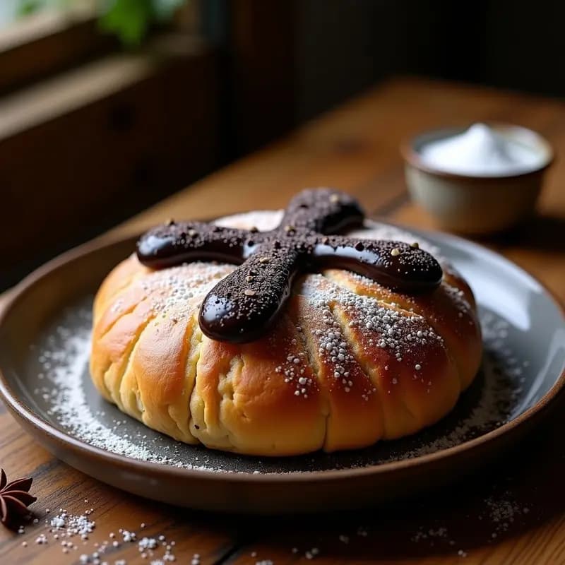 Pan de muerto tradicional mexicano con toque moderno: masa esponjosa de cacao coronada con cruz de chocolate negro y decoración de azúcar glass y semillas de anís sobre fondo rústico de madera.