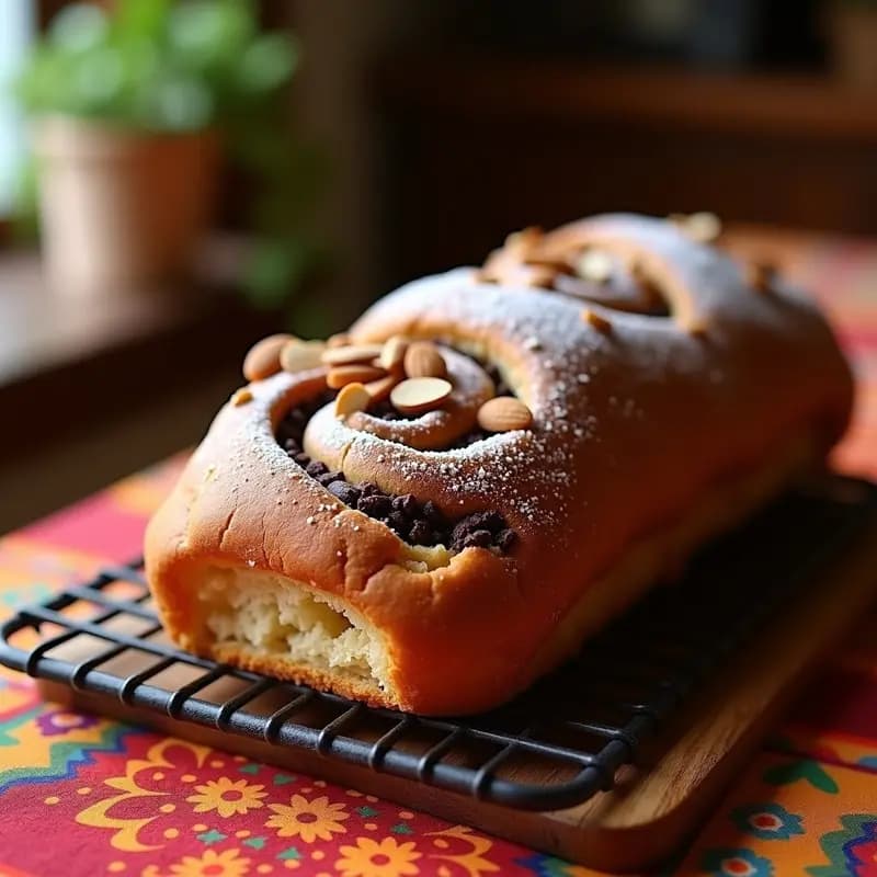 Pan de muerto vegano de chocolate y canela con toque de vainilla, decorado con almendras fileteadas y azúcar glass, sobre una rejilla de enfriado con fondo rústico de madera.