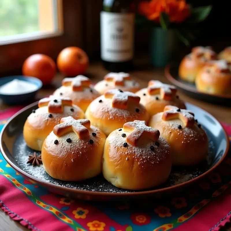 Pan de Muerto Mexicano tradicional con forma de huesos cruzados y bola central, espolvoreado con azúcar glass, sobre una bandeja de madera rústica con semillas de anís visibles en la superficie dorada.