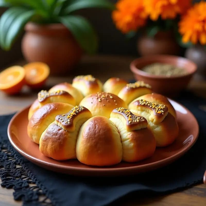 Pan de Muerto keto con esencia de naranja y semillas de chía, decorado con tiras en cruz y espolvoreado con semillas, sobre un plato de barro rústico con fondo de tela de encaje negro.