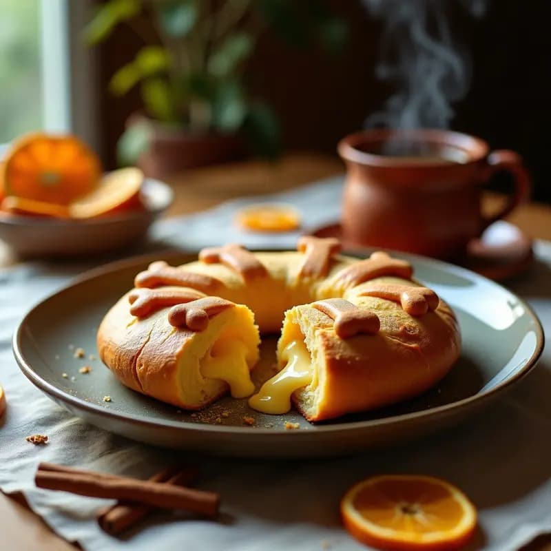 Pan de muerto salado dorado con decoración de huesos, relleno de queso Oaxaca fundido derramándose ligeramente, sobre un mantel rústico de lino con hojas de laurel y un café humeante al fondo.