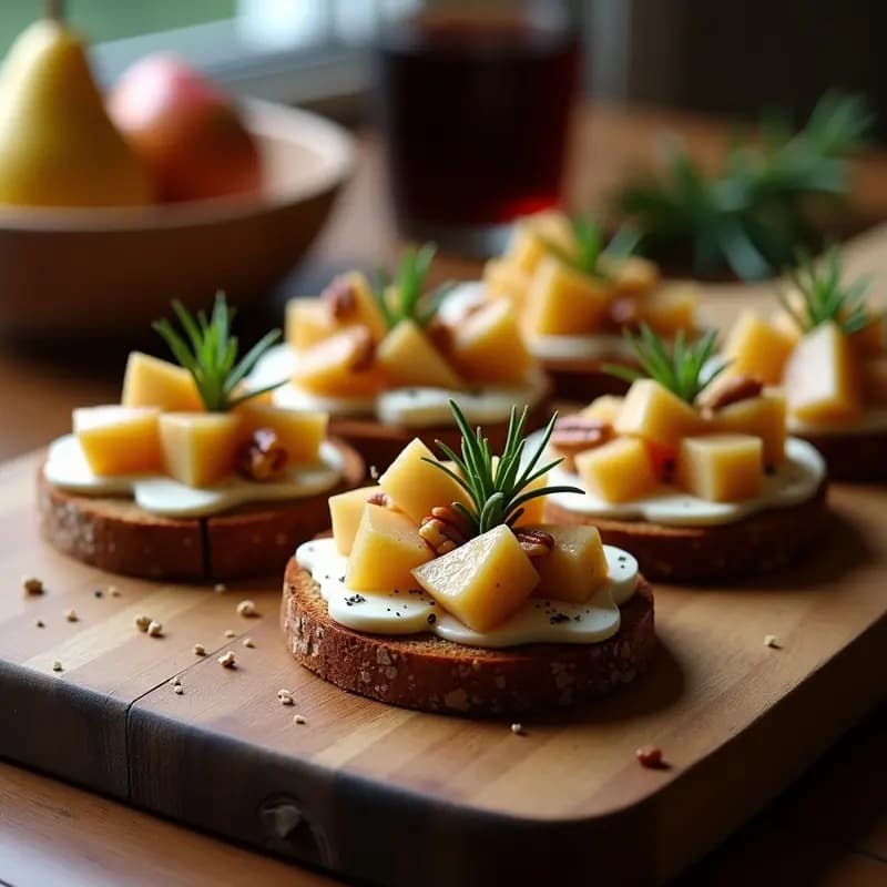 Rodajas de pan de centeno tostado con crema de queso azul y nueces, coronadas con peras caramelizadas al vino tinto y hojas de romero. Entrante alemán gourmet P Neustadt servido en tabla de madera rústica.