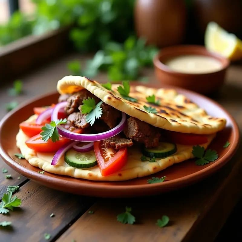 Pan de pita dorado y crujiente relleno de shawarma de cordero en tiras jugosas, cebolla morada, pimiento rojo, pepino y lechuga, con salsa de tahini y menta fresca. Receta árabe en sartén con toque crujiente.