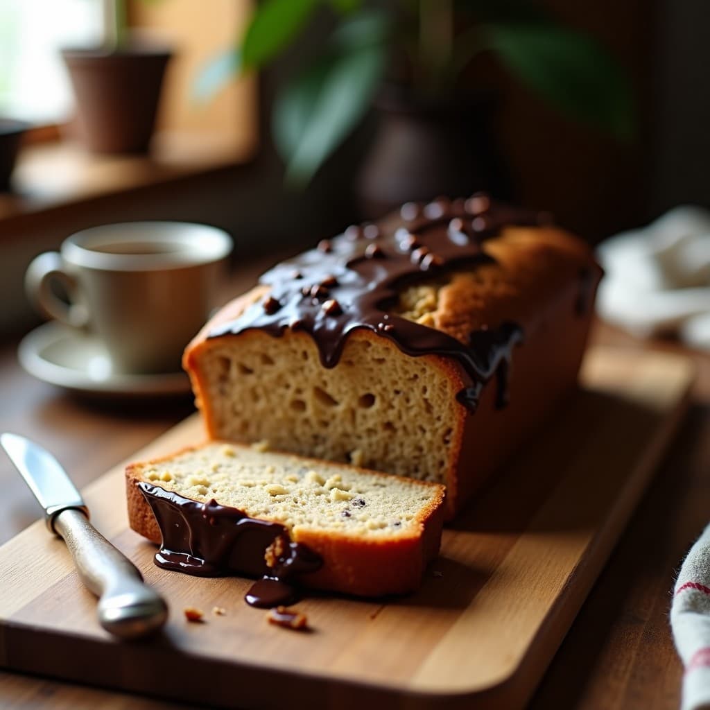Pan de plátano y cacahuete con chocolate derretido en molde rectangular, corte en rebanadas mostrando su interior húmedo y el chocolate brillante en la superficie. Desayuno sin harina y sin azúcar sobre tabla de madera rústica.