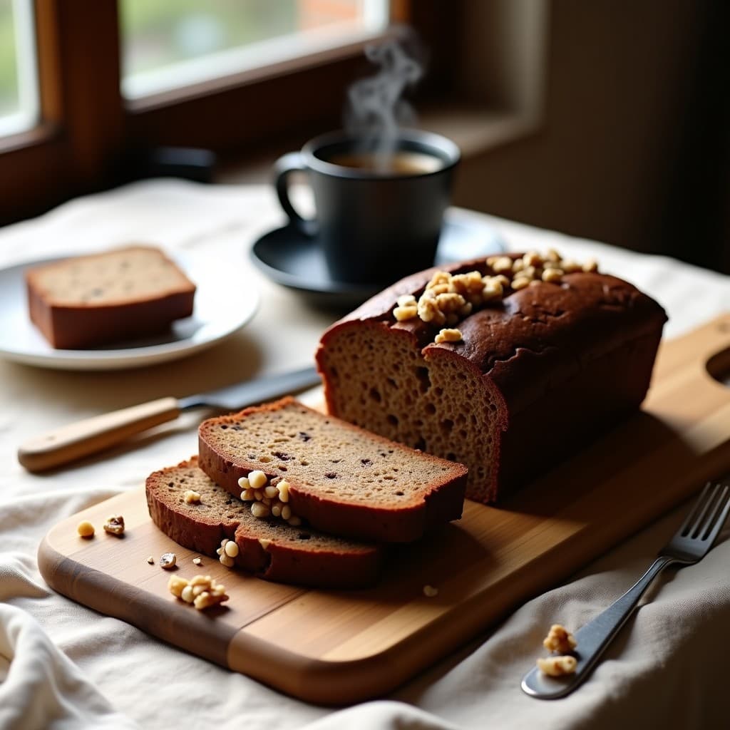 Pan de plátano y cacao con semillas de chía sin harina, cortado en rodajas gruesas sobre una tabla de madera. Textura esponjosa y húmeda con trozos de nueces pecanas y un ligero brillo en la corteza. Acompañado de semillas de chía espolvoreadas y una taza de café.
