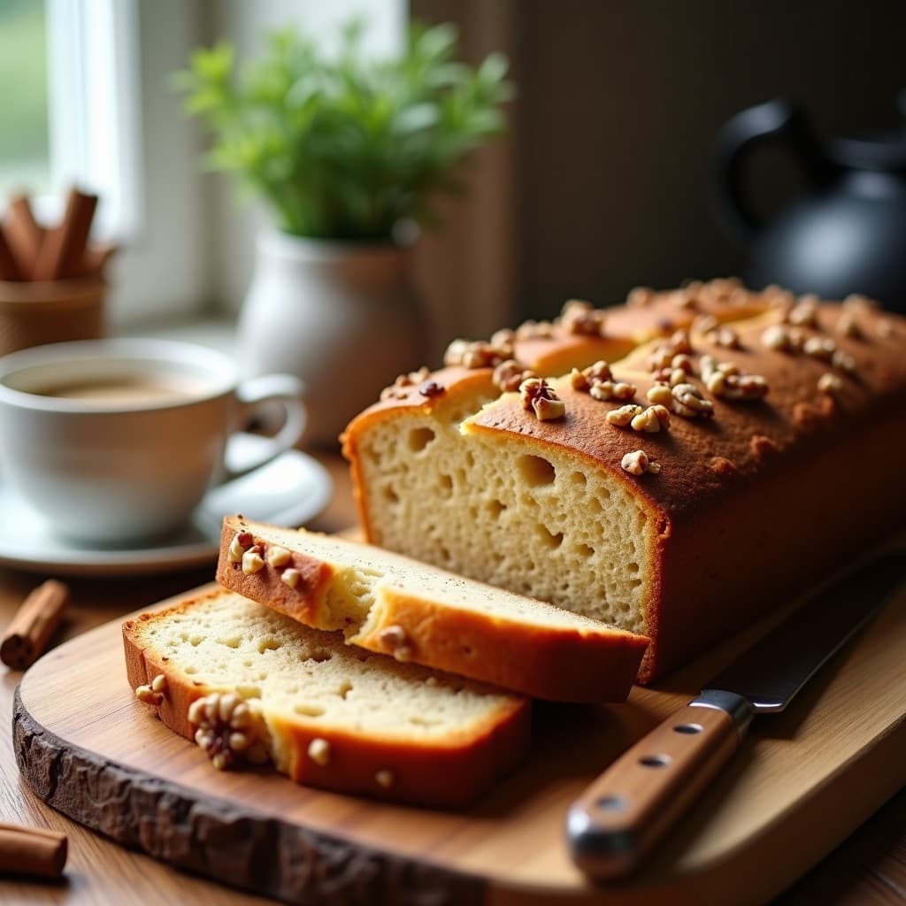 Pan de plátano keto recién horneado con trozos de nueces picadas y un toque de canela, servido en una tabla de madera rústica con rodajas cortadas.