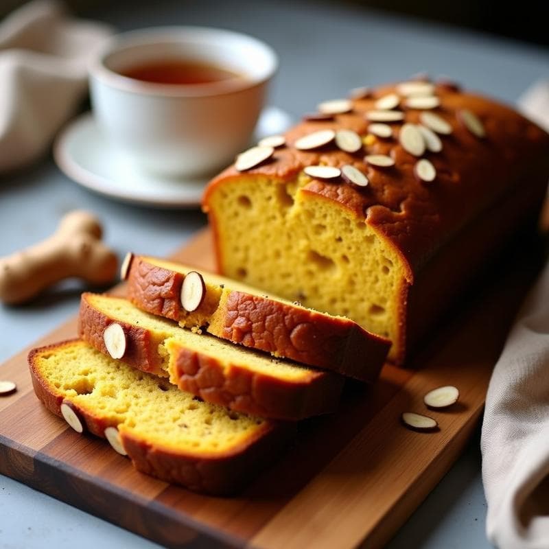 Pan de plátano dorado con vetas de cúrcuma y trozos brillantes de jengibre confitado, cortado en rebanadas sobre una tabla de madera rústica. Desayuno antiinflamatorio saludable.