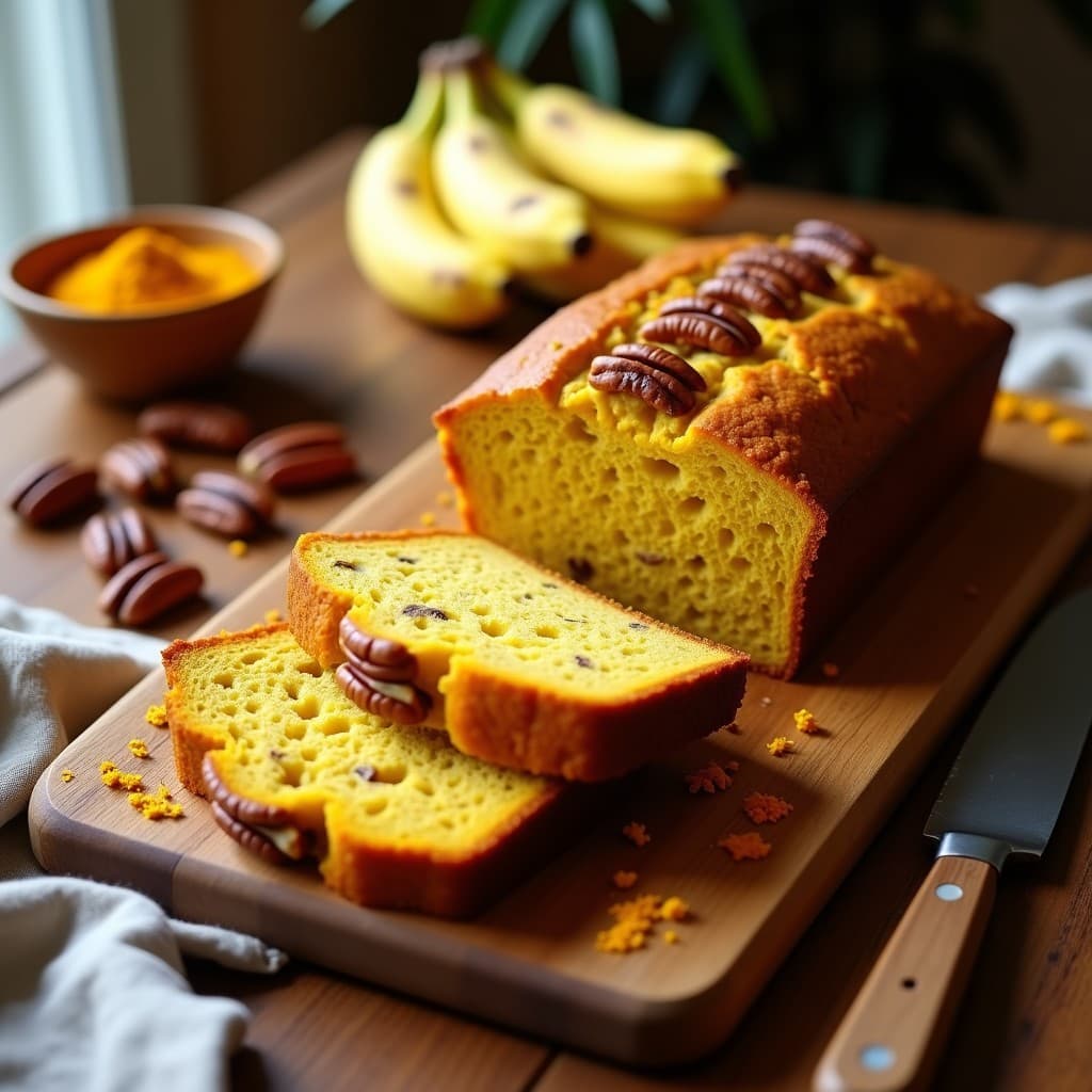 Pan de plátano y cúrcuma con nueces en Thermomix, rebanada dorada con textura esponjosa y trozos de nueces pecanas, servido sobre tabla de madera rústica con fondo de especias y plátanos.