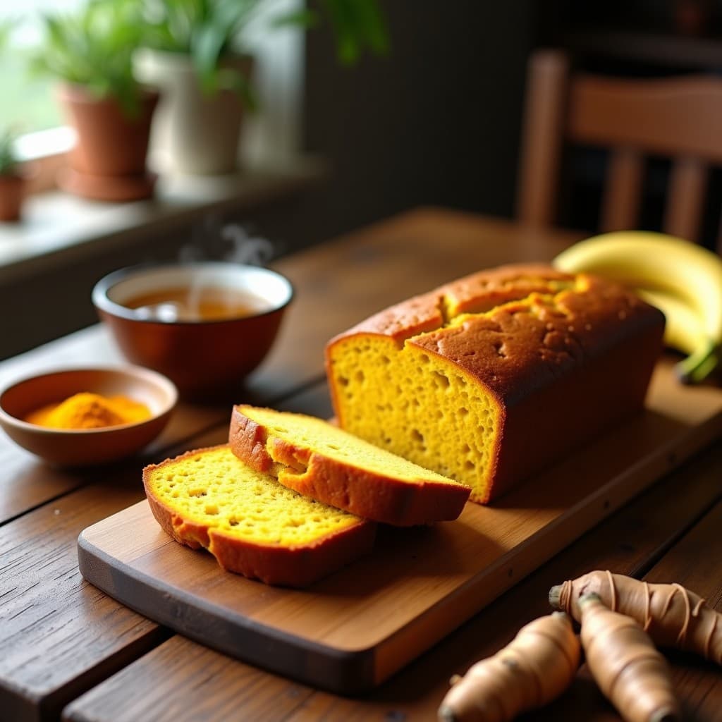 Pan de plátano macho dorado con vetas de cúrcuma, cortado en rebanadas gruesas sobre tabla de madera rústica, acompañado de una taza de té y hojas de cúrcuma fresca. Receta vegana sin harina en olla express.