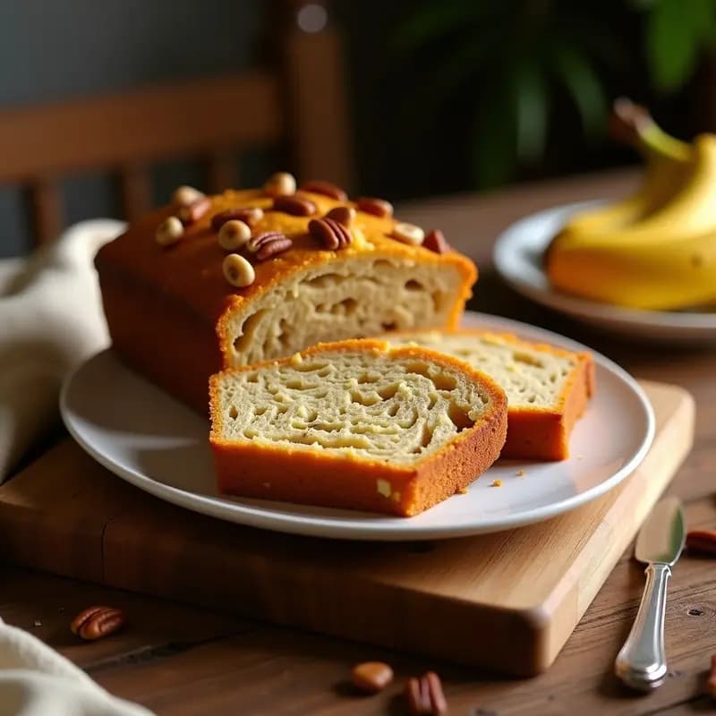 Pan de plátano macho dorado y esponjoso con trozos de nueces pecanas en la superficie, cortado en rebanadas sobre una tabla de madera rústica. La textura húmeda y el color dorado contraste con el fondo borroso de una cocina tradicional colombiana.