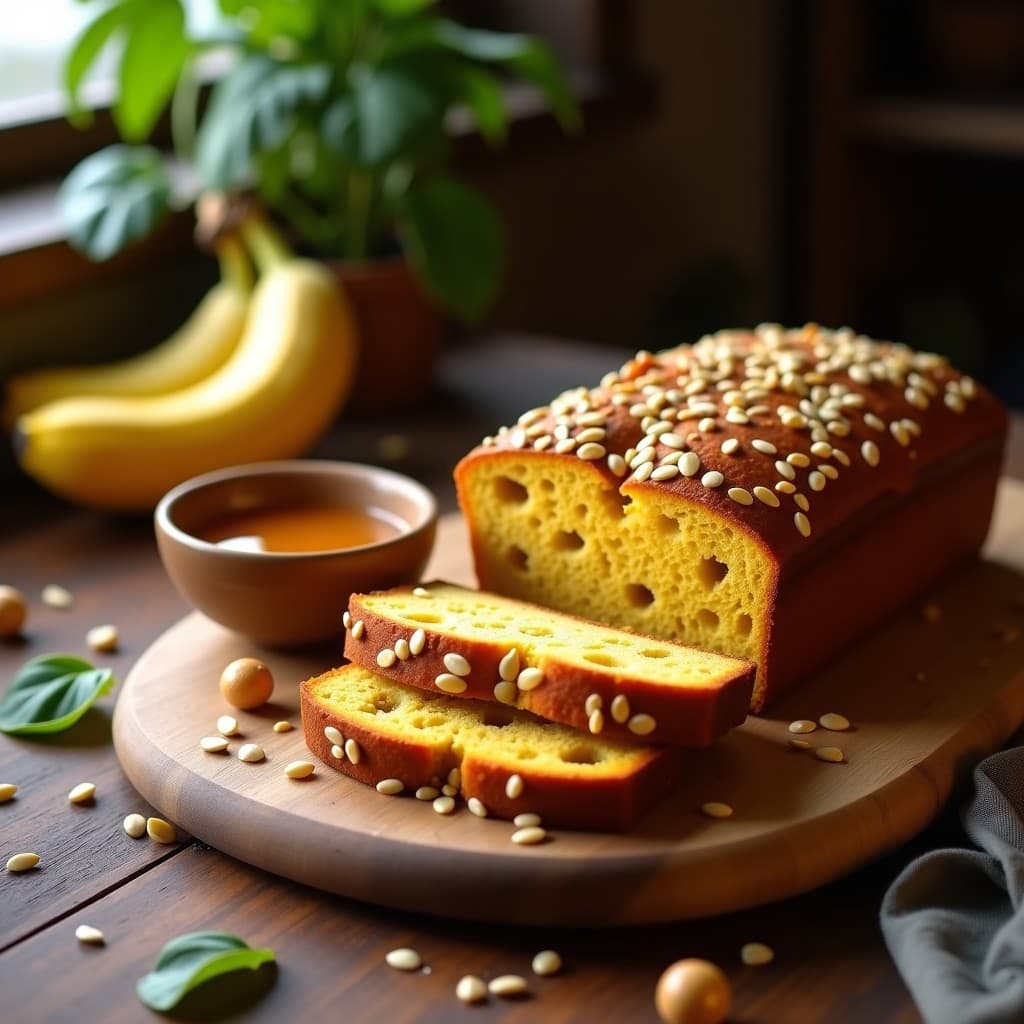 Pan de plátano macho dorado con semillas de calabaza crujientes y vetas de miel de dátiles, cortado en rebanadas gruesas sobre tabla de madera rústica. Desayuno sin lactosa, esponjoso y nutritivo.
