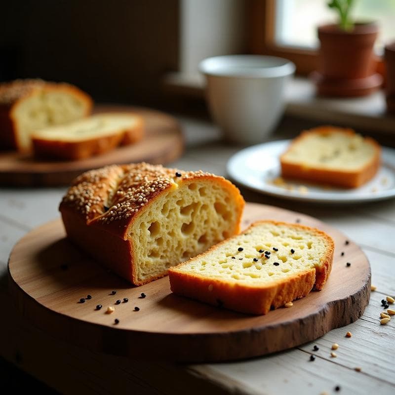 Pan de plátano macho sin gluten cortado en rebanadas doradas y crujientes, con semillas de lino y sésamo negro por encima, sobre una tabla de madera rústica con tostadas preparadas al lado.
