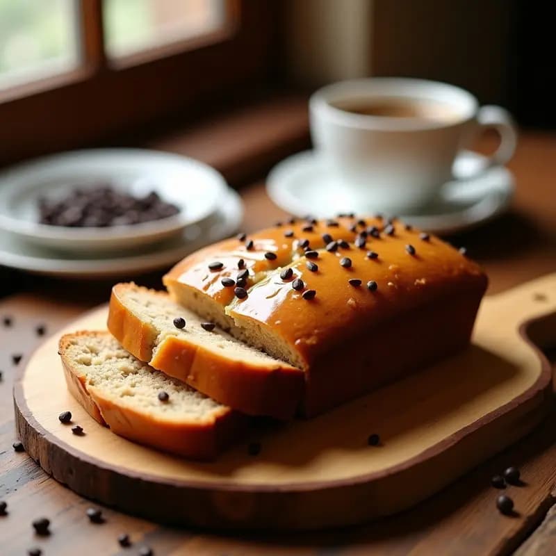 Pan de plátano maduro sin harina con semillas de amapola y glaseado de canela, cortado en rebanadas sobre tabla de madera rústica, receta colombiana para tupper.
