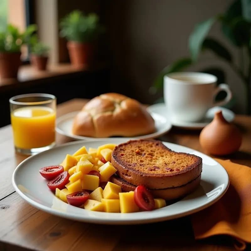 Pan de plátano maduro y cacahuete recién horneado, dorado y esponjoso, con trozos de cacahuete tostado en la superficie. Cortado en rebanadas sobre una tabla de madera rústica, con un plátano y un tarro de crema de cacahuete al fondo.