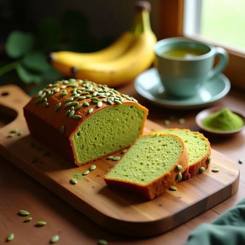 Pan de plátano y matcha con semillas de calabaza recién horneado, color verde suave con toques dorados, cortado en rebanadas sobre tabla de madera rústica.
