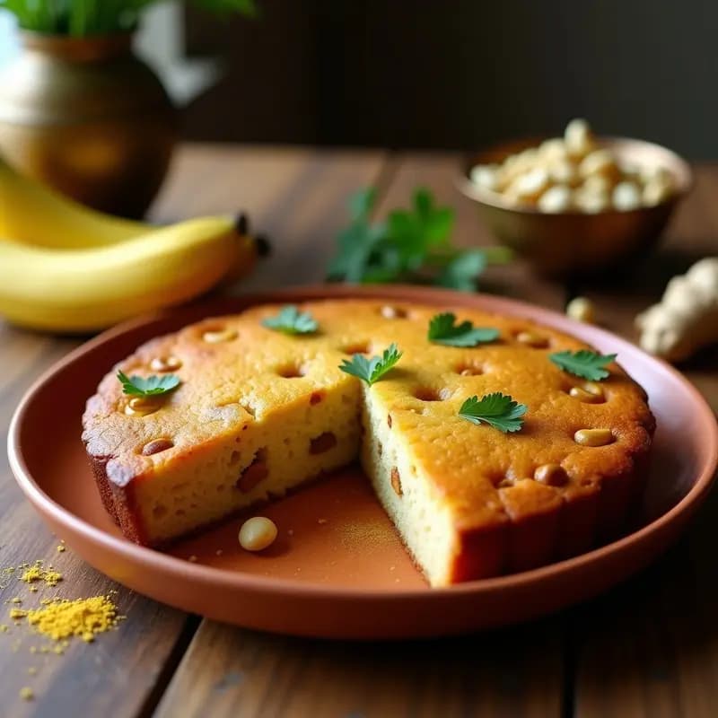 B ब्रिथड de pan de plátano y nueces en rebanadas doradas, con textura esponjosa y trocitos de nueces de cajú visibles, servido sobre un plato de barro con hojas de cilantro fresco y un toque de cardamomo espolvoreado.