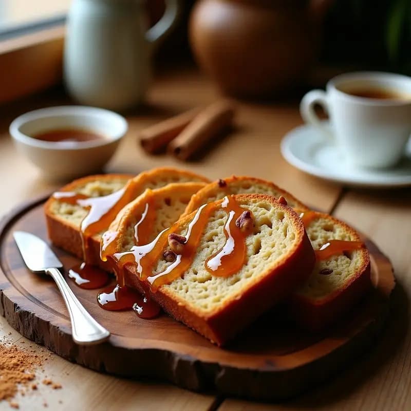 Pan de plátano y nueces con sirope de arce en rodajas gruesas sobre tabla de madera rústica, con nueces pecanas tostadas y chorrito de sirope dorado brillante. Desayuno americano sin harina y energético.