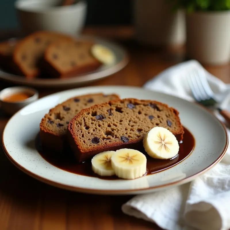 Pan de plátano dorado en molde rectangular, con trozos de nuez de pecana y chocolate negro 85% fundido en la superficie. Textura húmeda y esponjosa, cortado en rebanadas gruesas sobre tabla de madera rústica. Desayuno sin azúcar y rico en fibra.
