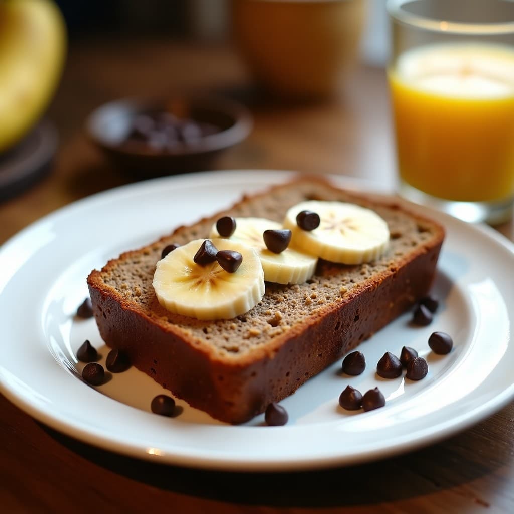 Pan de plátano keto con proteína en polvo y chips de chocolate 85%, cortado en rebanadas gruesas sobre una tabla de madera rústica, con migas doradas y textura esponjosa. Desayuno alto en fibra y sin azúcar.