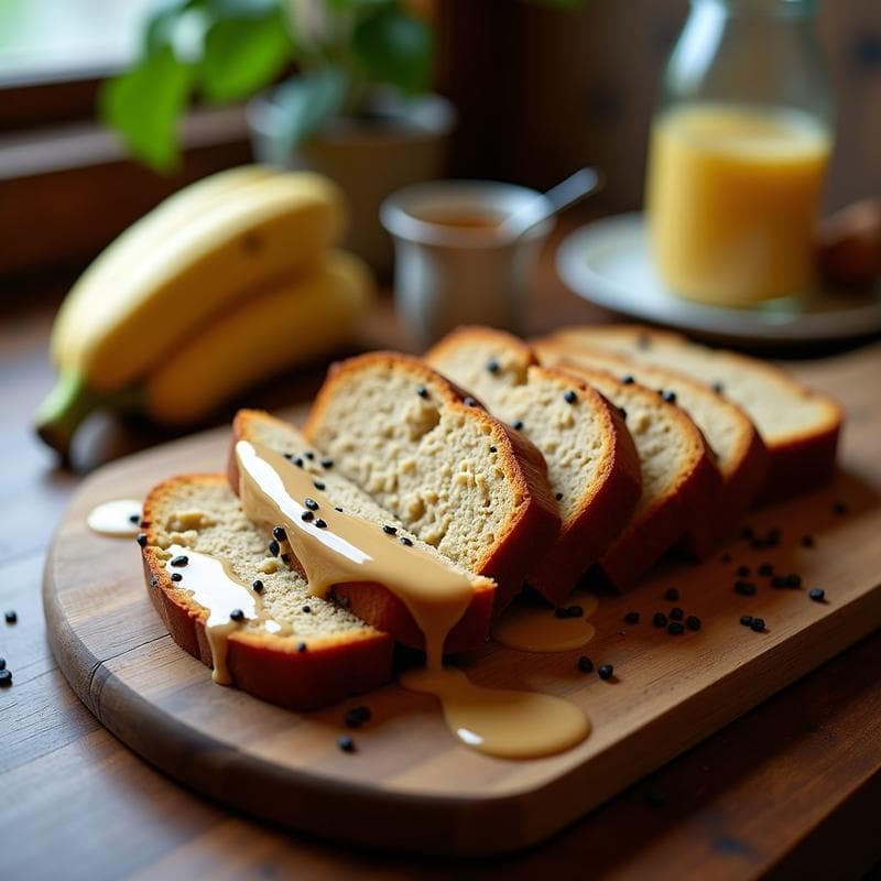 Pan de plátano keto dorado con semillas de amapola negro azabache en la superficie, cubierto de glaseado brillante de tahini color beige claro, cortado en rebanadas gruesas sobre tabla de madera rústica. Desayuno alemán saludable y sin azúcar.