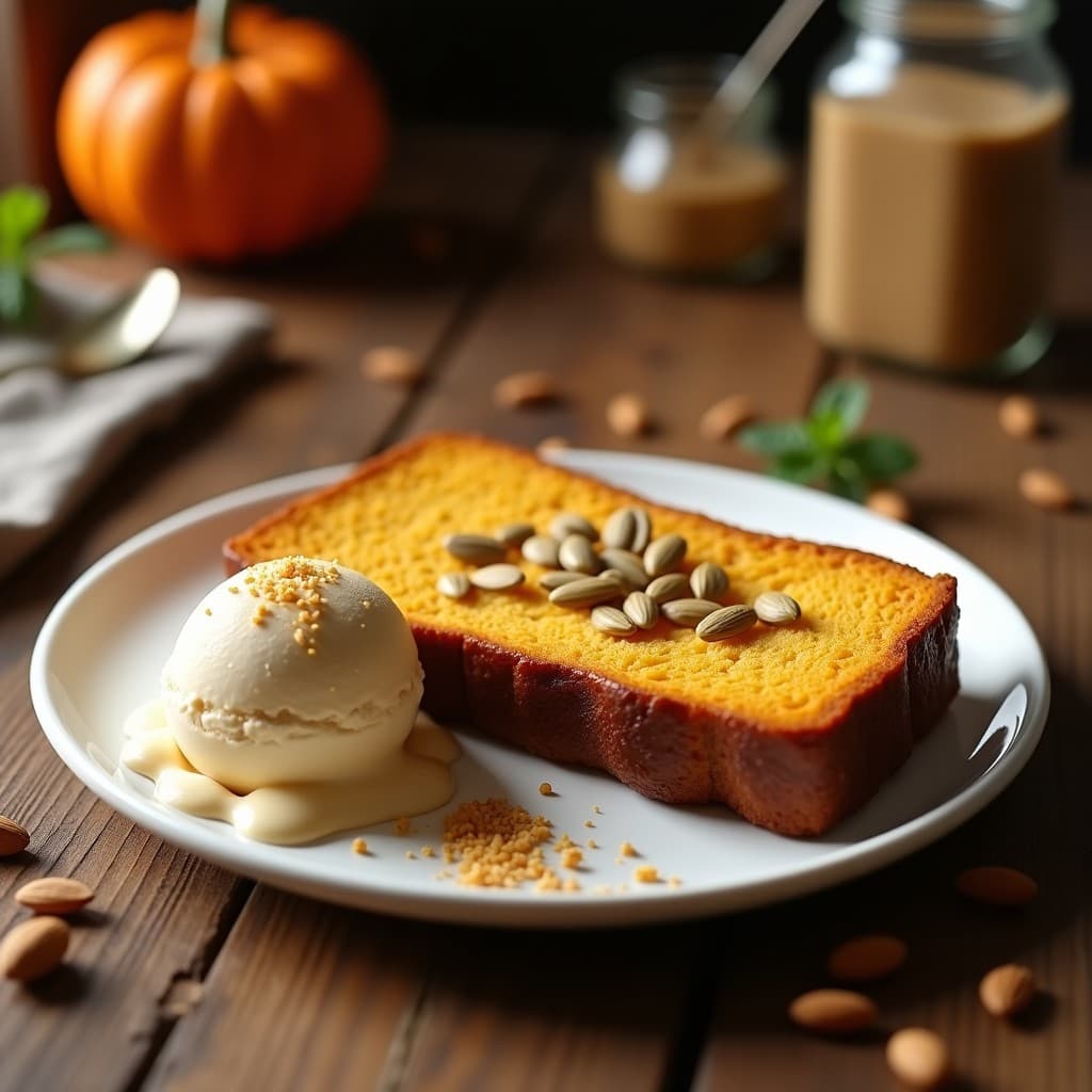 Pan de plátano dorado con semillas de calabaza crujientes servido en plato blanco, acompañado de una bola de helado de turrón cremoso y espolvoreado con migas de almendra. Postre sin harina y sin azúcar, ideal para dietas keto y saludables.