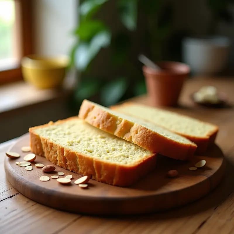 Pan de plátano verde y harina de almendra sin azúcar cortado en rebanadas, con textura esponjosa y color dorado claro, servido en tabla de madera rústica.